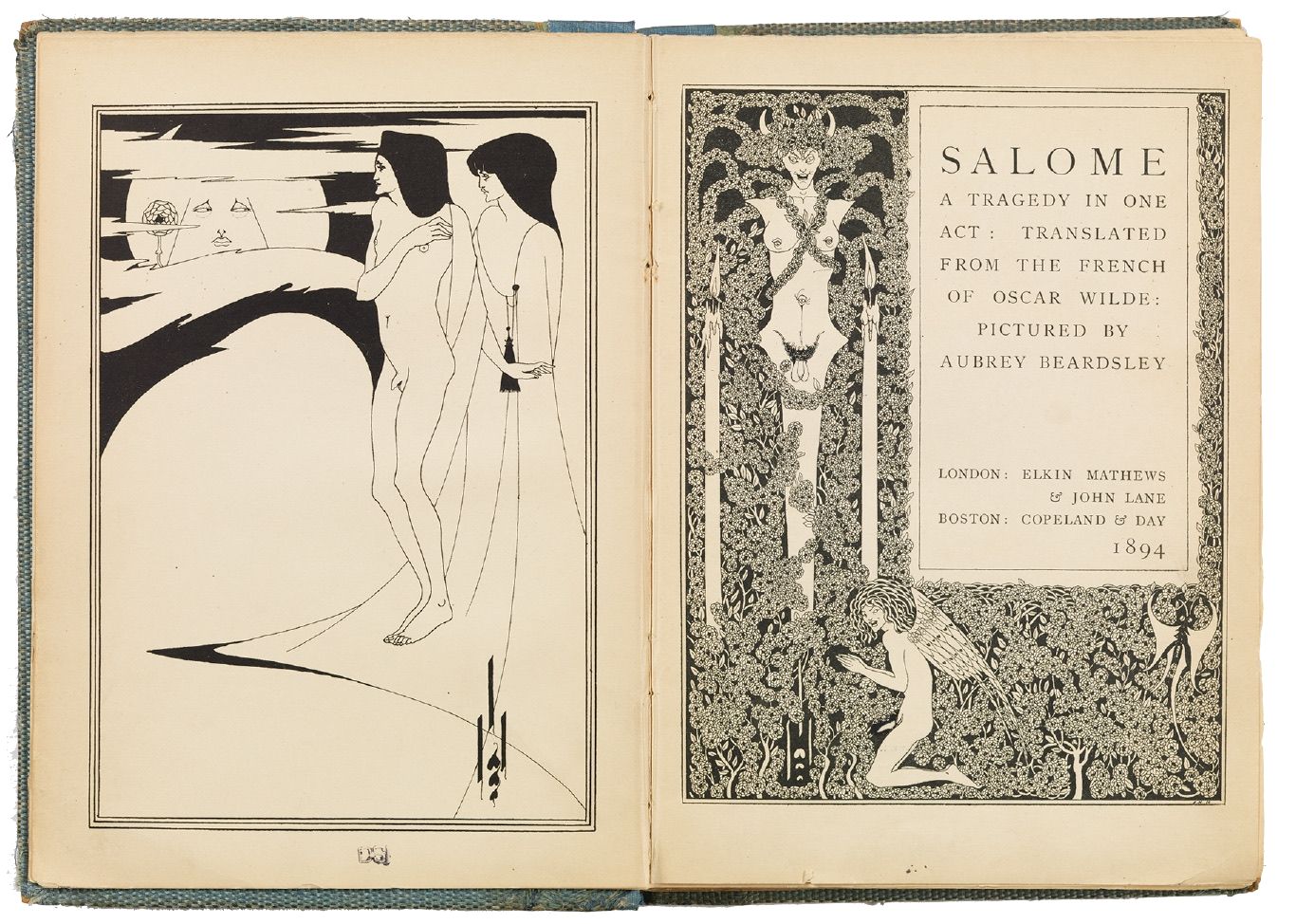 scan of a copy of the book she was looking for featuring two pages of art deco illustrations of trans women. One is two feminie figures, one nude the other clothed in a gown, staring at a large face obsucred by fabric. The Second is the armless torso of a trans woman with wild eyes surrounded by a bed of roses